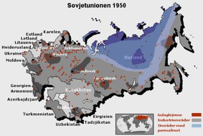 Kort over Gulag-fangelejre, industriområder og vejrforhold.