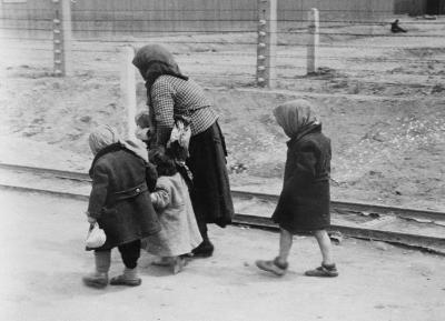 Jødisk kvinde og tre børn går mod gaskammeret i kx-og udryddelseslejren Auschwitz-Birkenau 