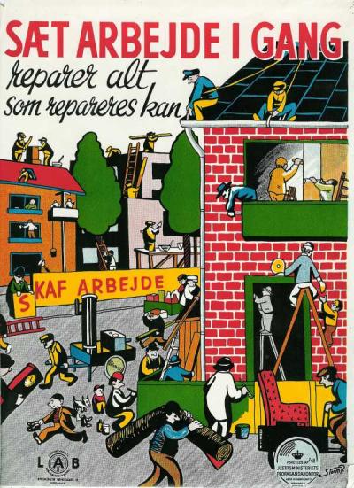 Plakat fra den danske Landsforening til Arbejdsløshedens Bekæmpelse. (LAB). En af grundene til, der var så stor modstand mod at modtage flygtninge, var den store arbejdsløshed. Denne plakat af Storm P. er dog fra 1943.